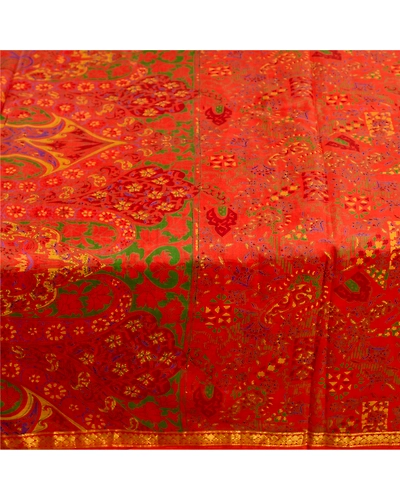 Sanskriti Vintage Red Sarees Pure Silk Printed Zari Border Sari 5Yd Craft Fabric, PR-58549-Red-Printed Floral Design-Pure Silk-3
