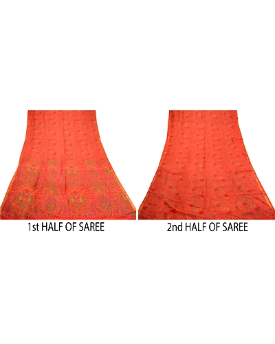 Sanskriti Vintage Red Sarees Pure Silk Printed Zari Border Sari 5Yd Craft Fabric, PR-58549-Red-Printed Floral Design-Pure Silk-4