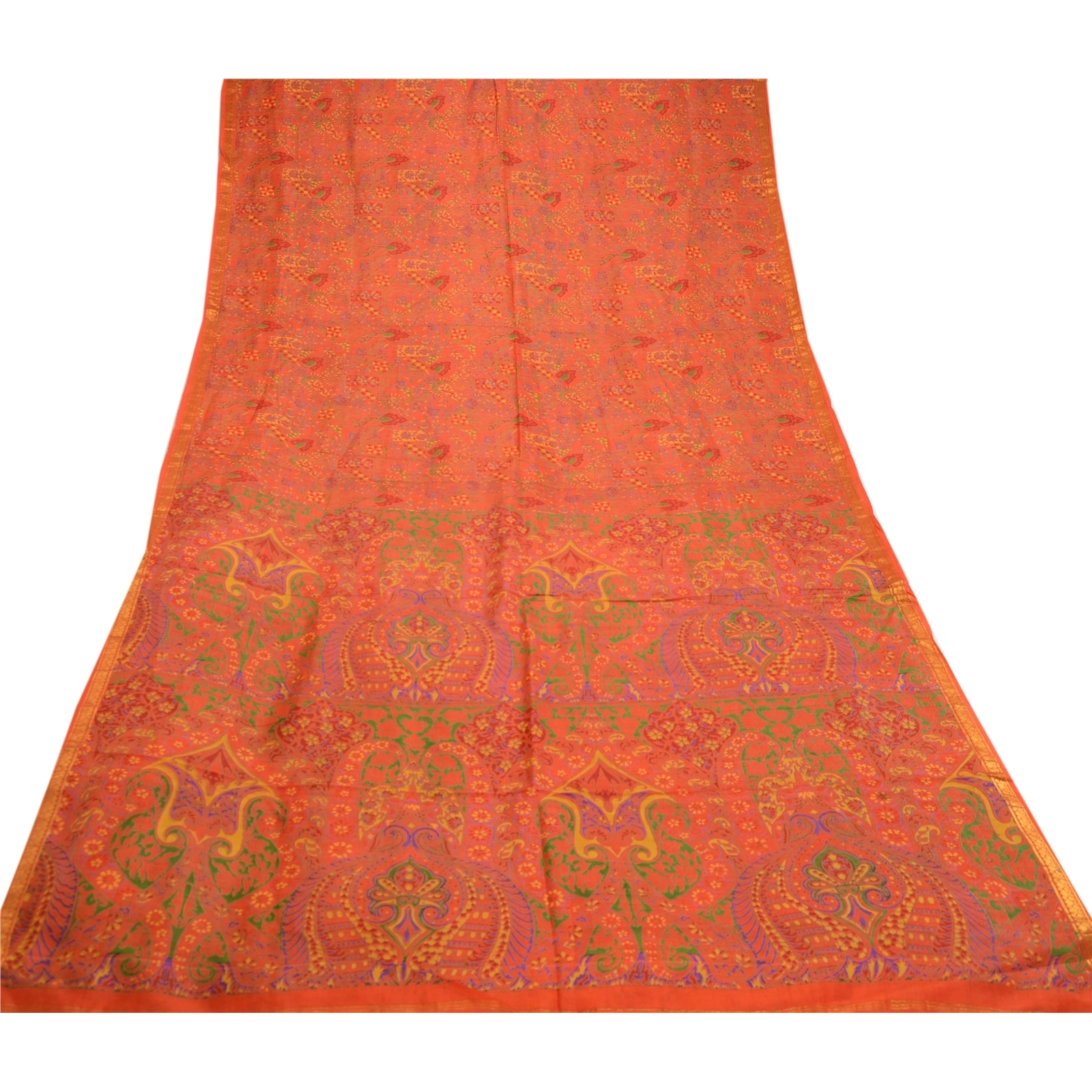 Sanskriti Vintage Red Sarees Pure Silk Printed Zari Border Sari 5Yd Craft Fabric, PR-58549-Red-Printed Floral Design-Pure Silk-7