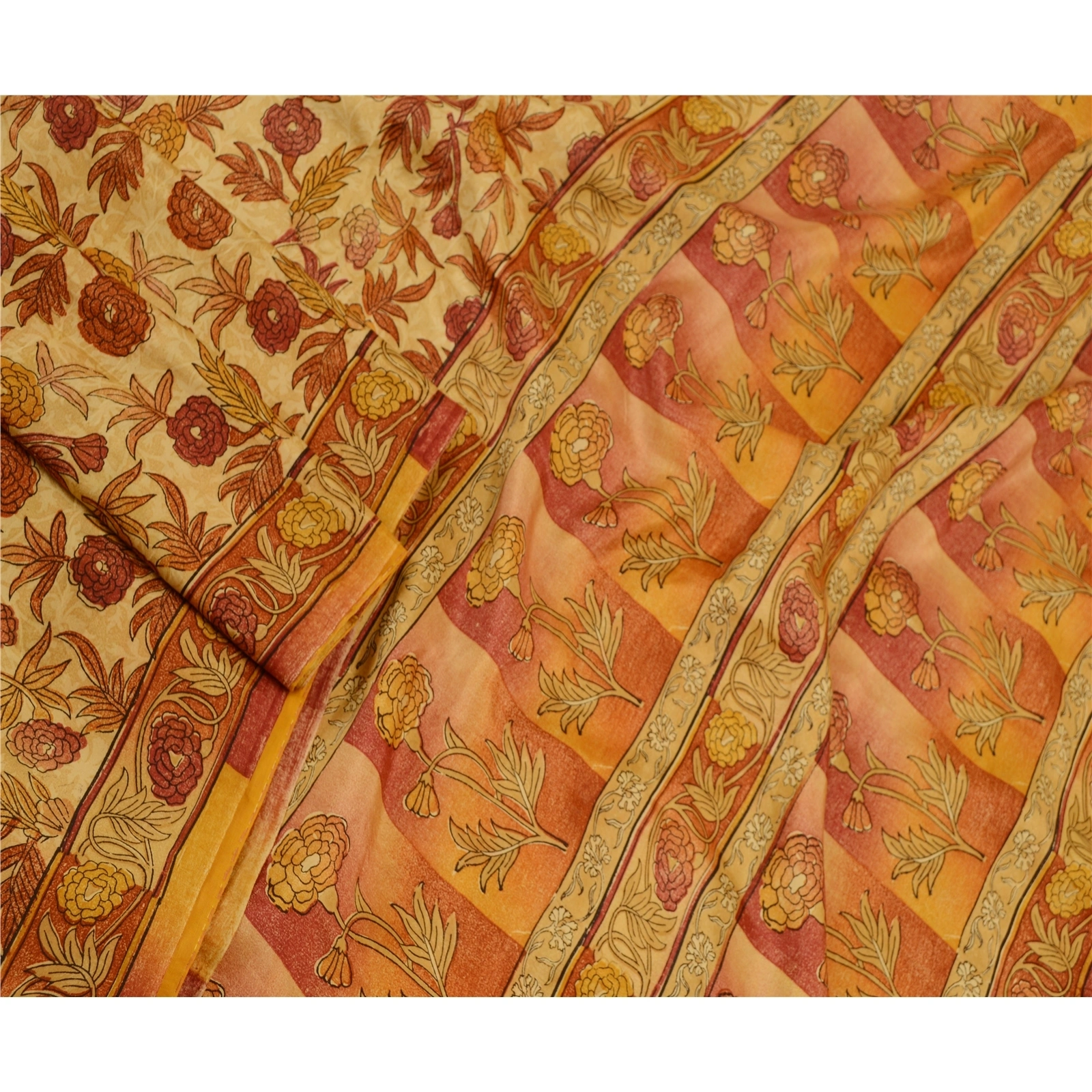 Sanskriti Vintage Beige Indian Sarees Pure Silk Printed Sari Soft Craft Fabric, PR-58553-Beige-Printed Floral Design-Pure Silk-1