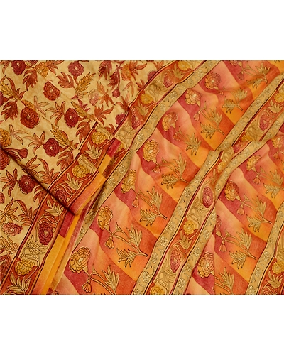 Sanskriti Vintage Beige Indian Sarees Pure Silk Printed Sari Soft Craft Fabric, PR-58553-Beige-Printed Floral Design-Pure Silk-1