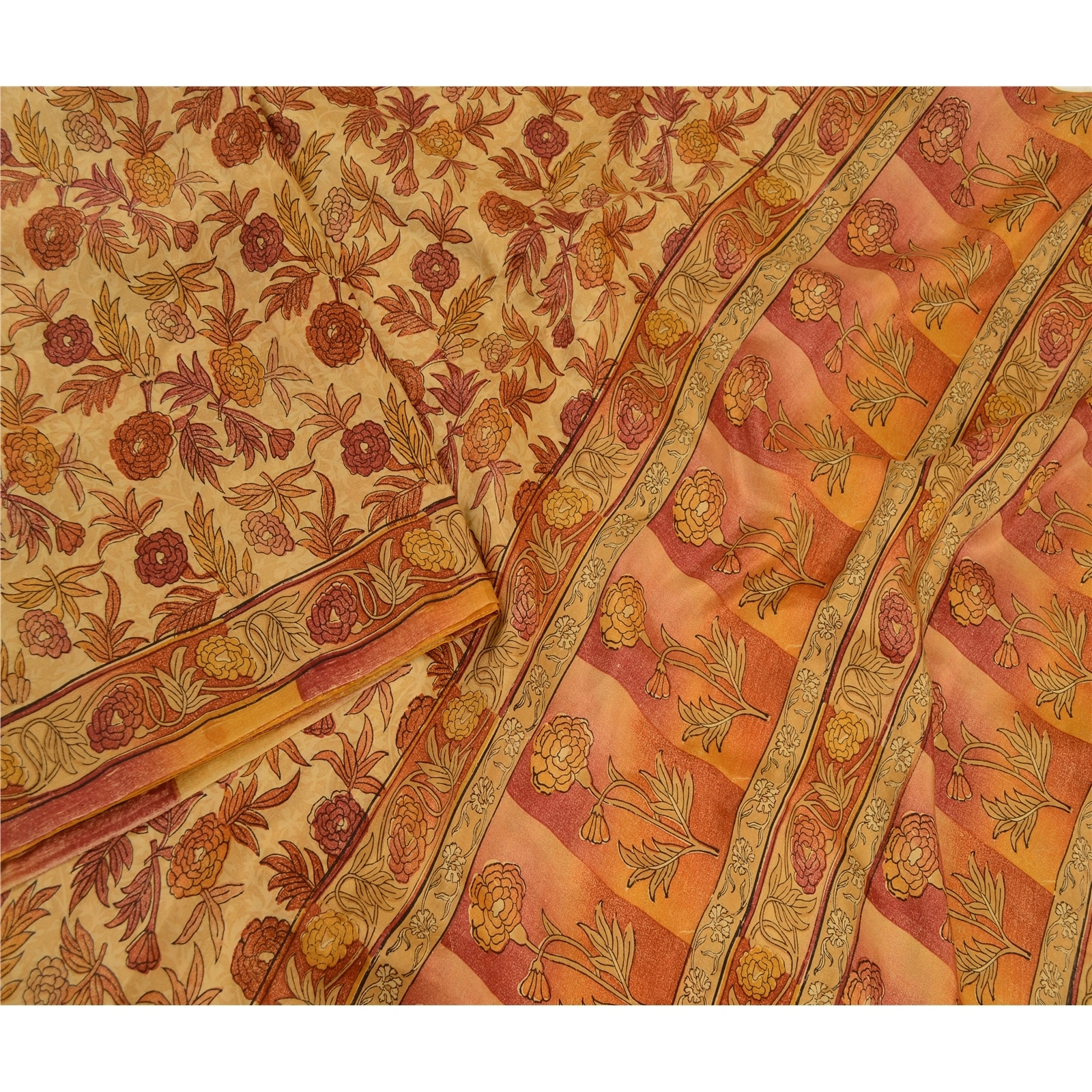 Sanskriti Vintage Beige Indian Sarees Pure Silk Printed Sari Soft Craft Fabric, PR-58553-Beige-Printed Floral Design-Pure Silk-2