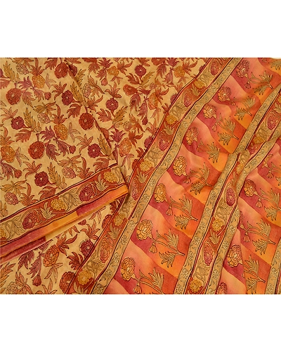 Sanskriti Vintage Beige Indian Sarees Pure Silk Printed Sari Soft Craft Fabric, PR-58553-Beige-Printed Floral Design-Pure Silk-2