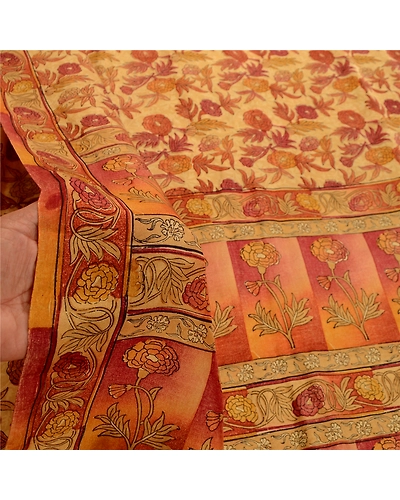 Sanskriti Vintage Beige Indian Sarees Pure Silk Printed Sari Soft Craft Fabric, PR-58553-Beige-Printed Floral Design-Pure Silk-5