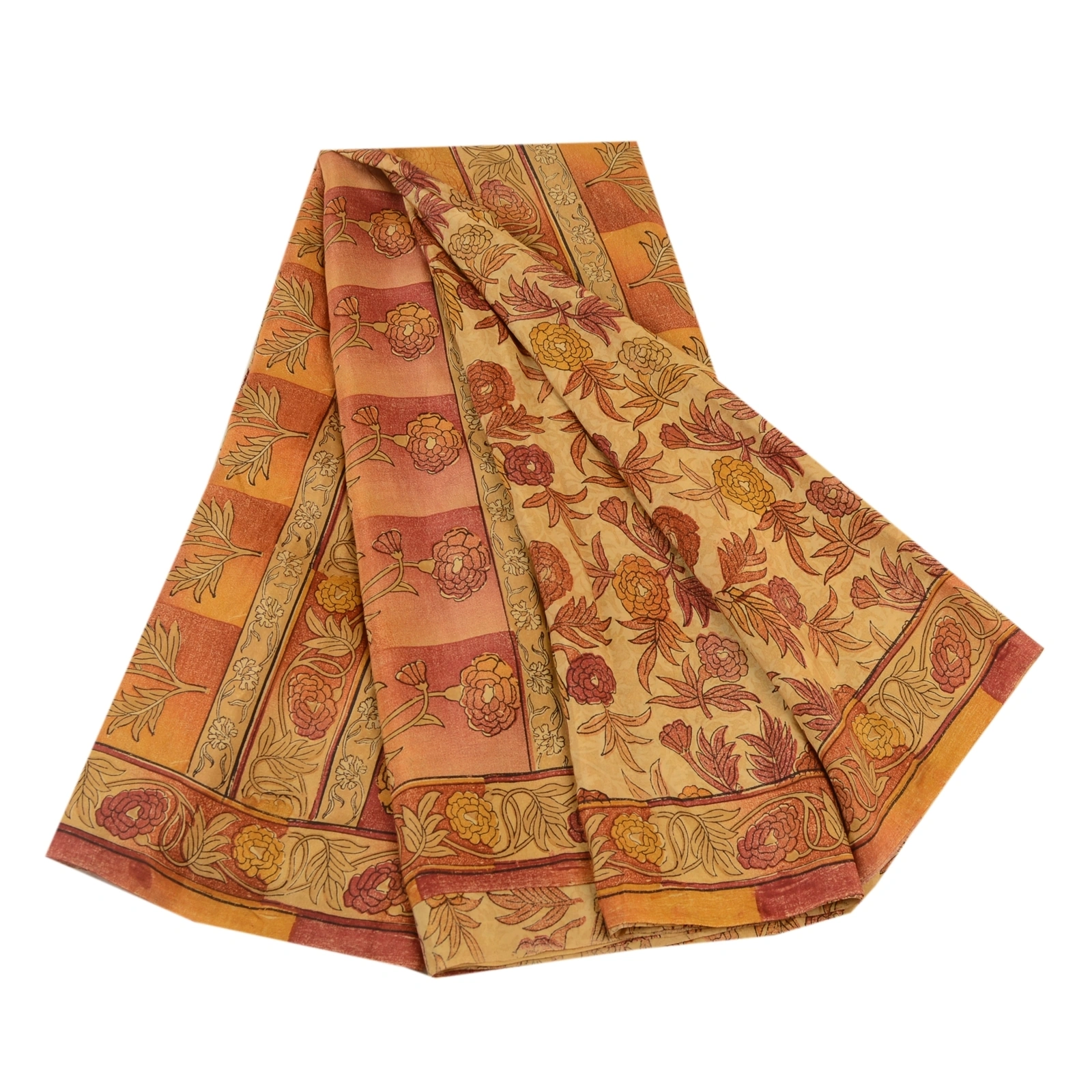 Sanskriti Vintage Beige Indian Sarees Pure Silk Printed Sari Soft Craft Fabric, PR-58553-Beige-Printed Floral Design-Pure Silk-6