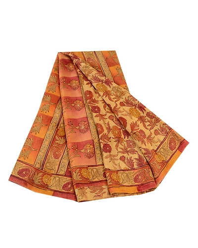 Sanskriti Vintage Beige Indian Sarees Pure Silk Printed Sari Soft Craft Fabric, PR-58553-Beige-Printed Floral Design-Pure Silk-6