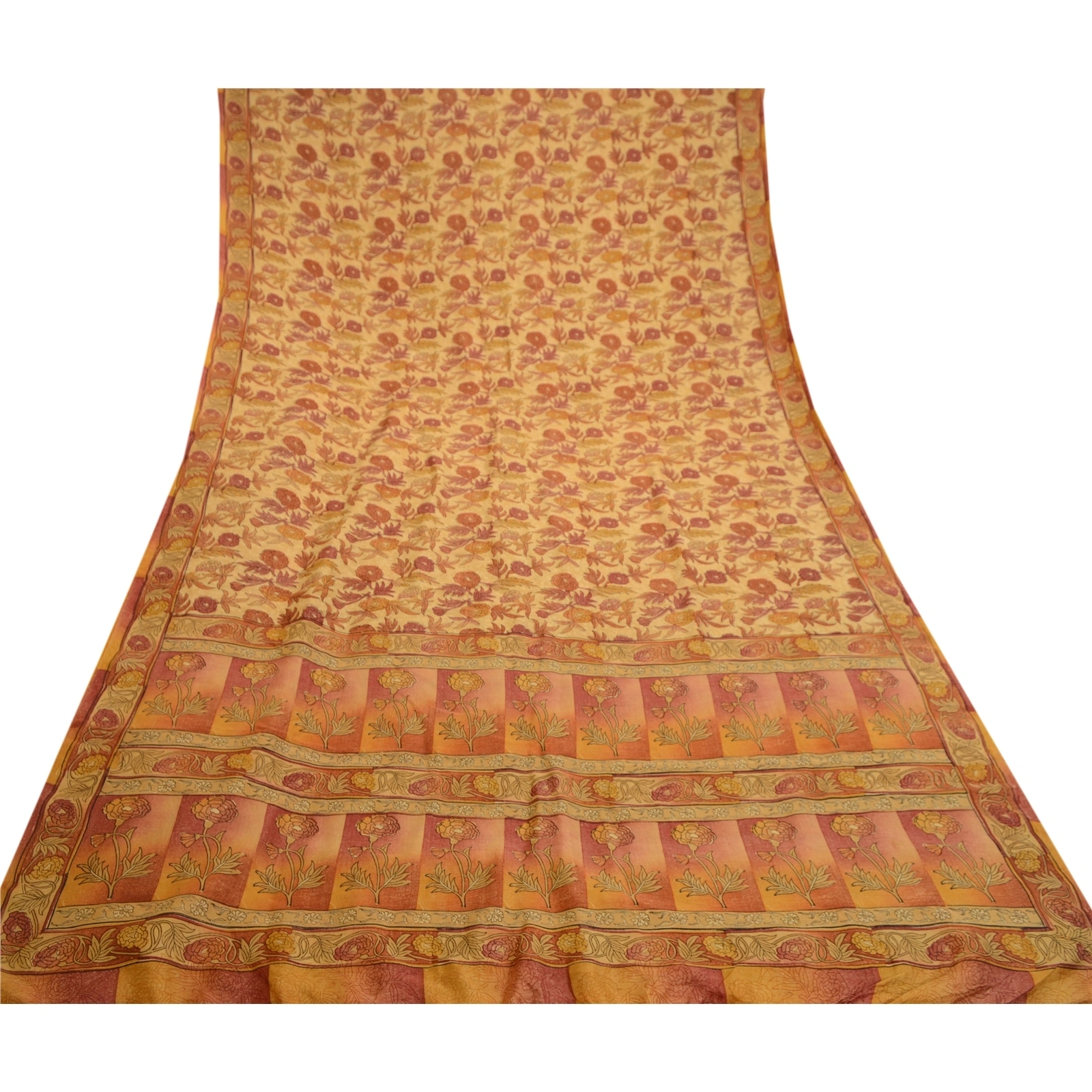 Sanskriti Vintage Beige Indian Sarees Pure Silk Printed Sari Soft Craft Fabric, PR-58553-Beige-Printed Floral Design-Pure Silk-7