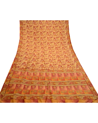 Sanskriti Vintage Beige Indian Sarees Pure Silk Printed Sari Soft Craft Fabric, PR-58553-Beige-Printed Floral Design-Pure Silk-7