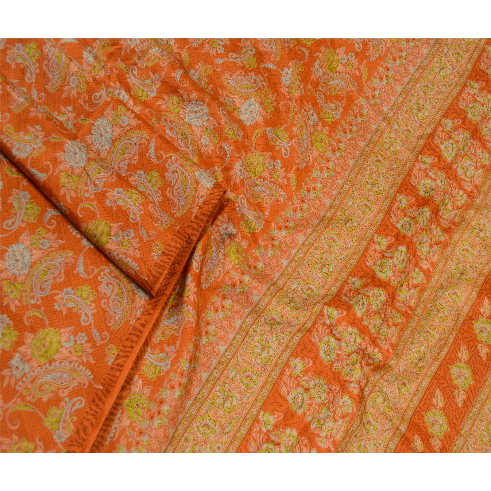 Sanskriti Vintage Orange Sarees 100% Pure Silk Printed Sari Craft 5 Yard Fabric, PR-58588-Orange-100% Pure Silk-1