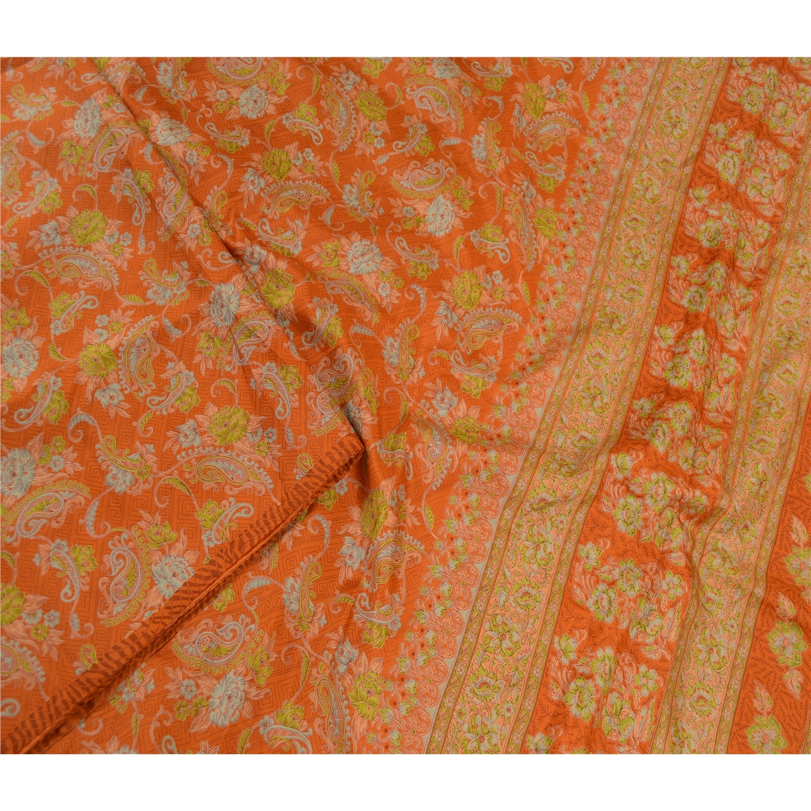 Sanskriti Vintage Orange Sarees 100% Pure Silk Printed Sari Craft 5 Yard Fabric, PR-58588-Orange-100% Pure Silk-2