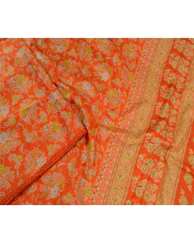 Sanskriti Vintage Orange Sarees 100% Pure Silk Printed Sari Craft 5 Yard Fabric, PR-58588-Orange-100% Pure Silk-2