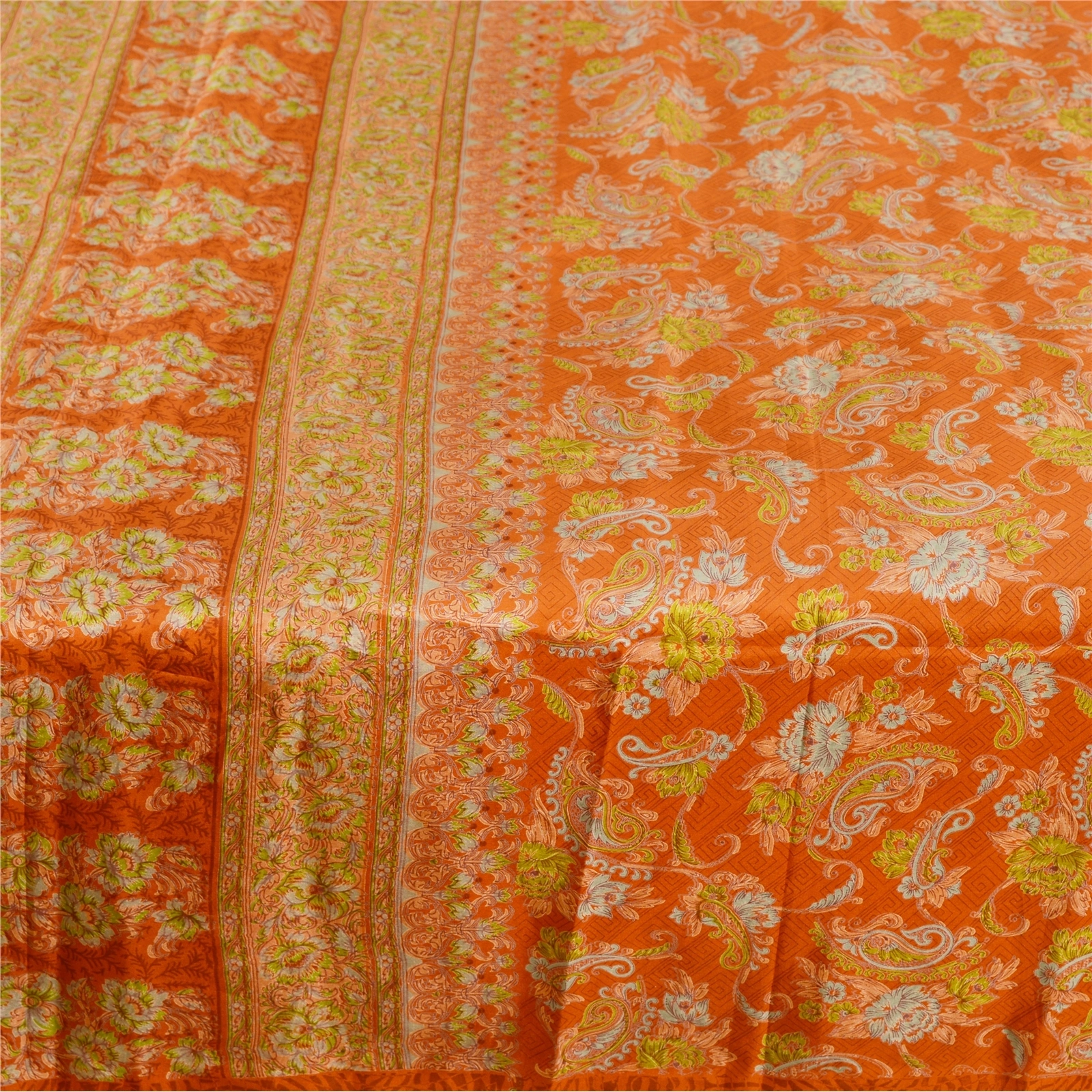 Sanskriti Vintage Orange Sarees 100% Pure Silk Printed Sari Craft 5 Yard Fabric, PR-58588-Orange-100% Pure Silk-3