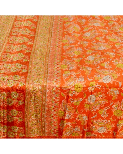 Sanskriti Vintage Orange Sarees 100% Pure Silk Printed Sari Craft 5 Yard Fabric, PR-58588-Orange-100% Pure Silk-3