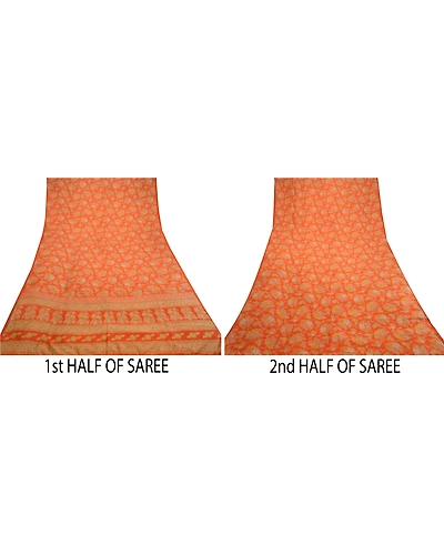 Sanskriti Vintage Orange Sarees 100% Pure Silk Printed Sari Craft 5 Yard Fabric, PR-58588-Orange-100% Pure Silk-4