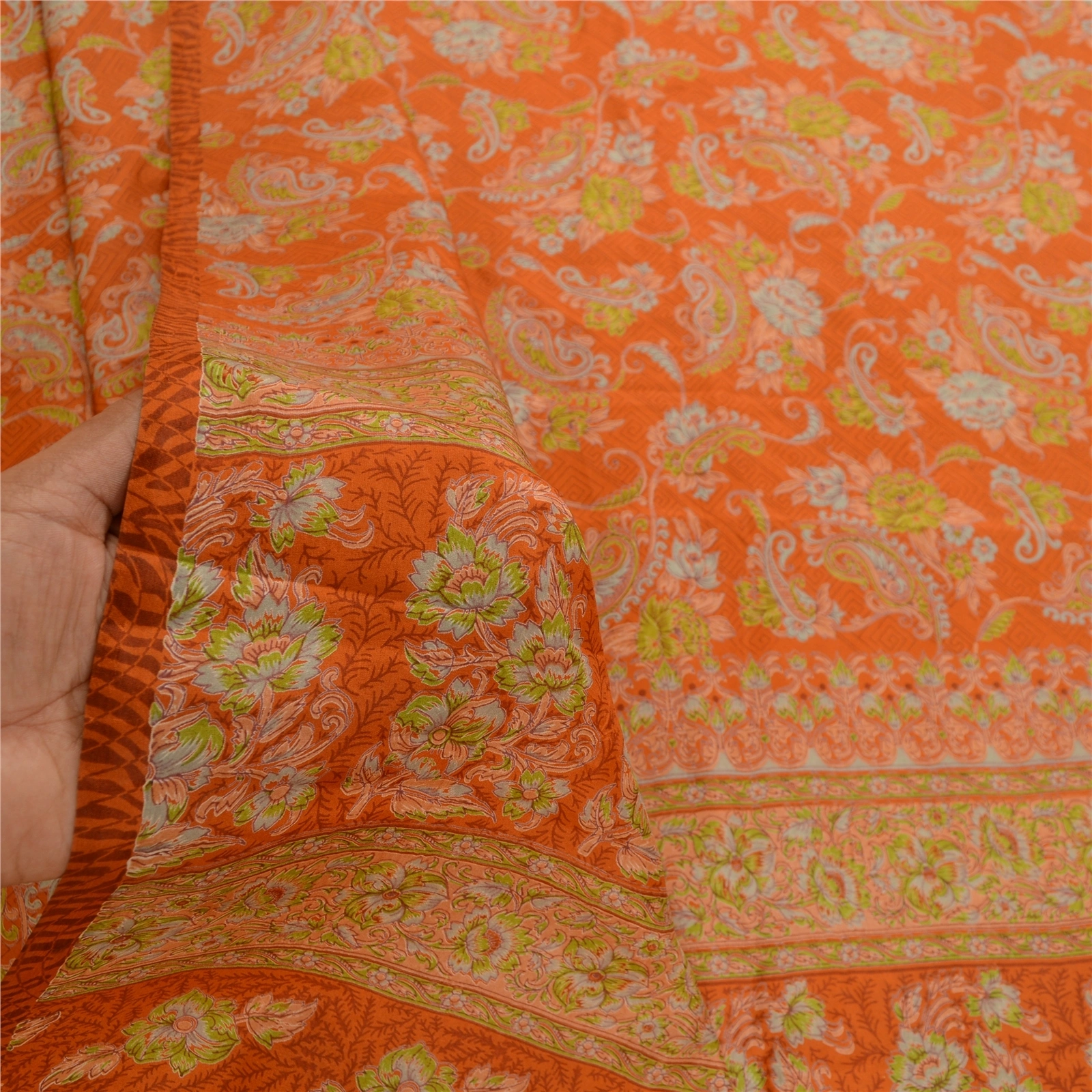 Sanskriti Vintage Orange Sarees 100% Pure Silk Printed Sari Craft 5 Yard Fabric, PR-58588-Orange-100% Pure Silk-5