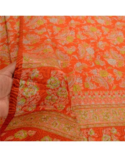 Sanskriti Vintage Orange Sarees 100% Pure Silk Printed Sari Craft 5 Yard Fabric, PR-58588-Orange-100% Pure Silk-5