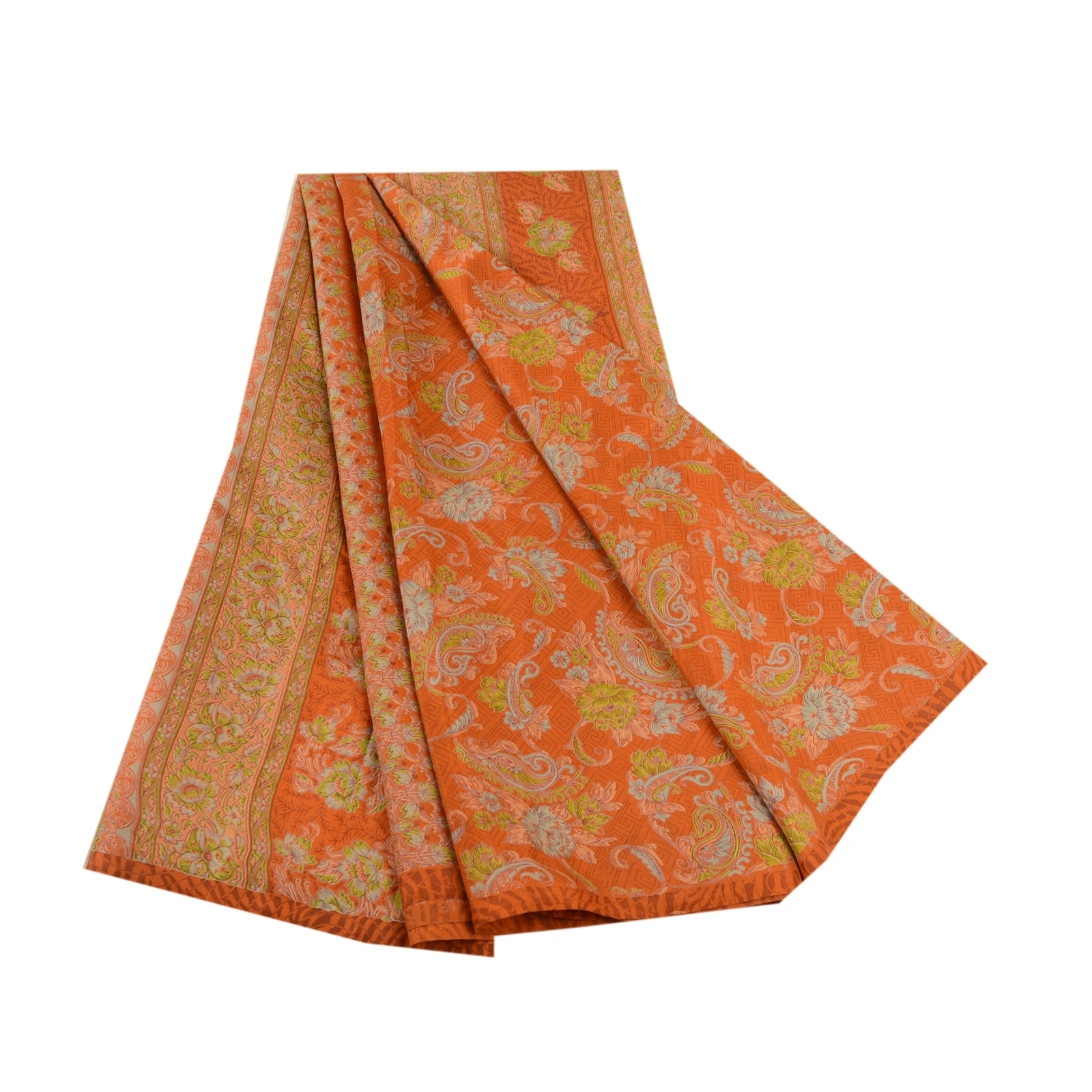 Sanskriti Vintage Orange Sarees 100% Pure Silk Printed Sari Craft 5 Yard Fabric, PR-58588-Orange-100% Pure Silk-6