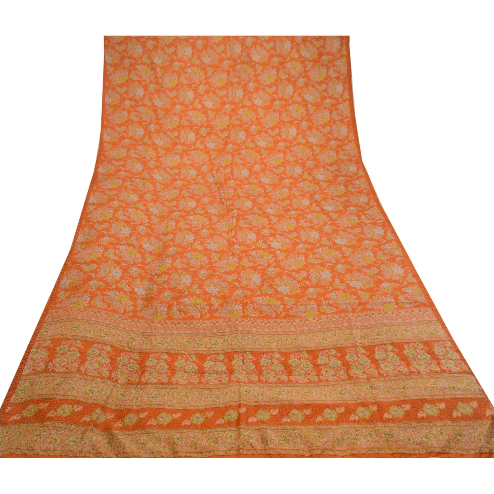 Sanskriti Vintage Orange Sarees 100% Pure Silk Printed Sari Craft 5 Yard Fabric, PR-58588-Orange-100% Pure Silk-7