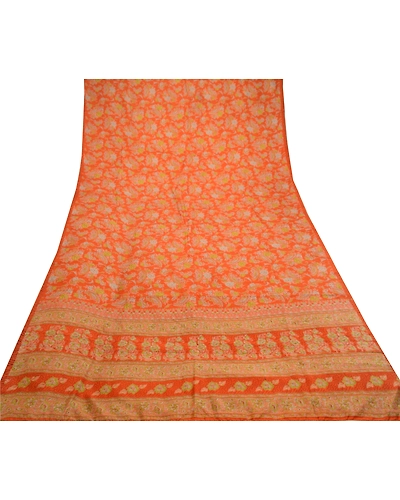 Sanskriti Vintage Orange Sarees 100% Pure Silk Printed Sari Craft 5 Yard Fabric, PR-58588-Orange-100% Pure Silk-7