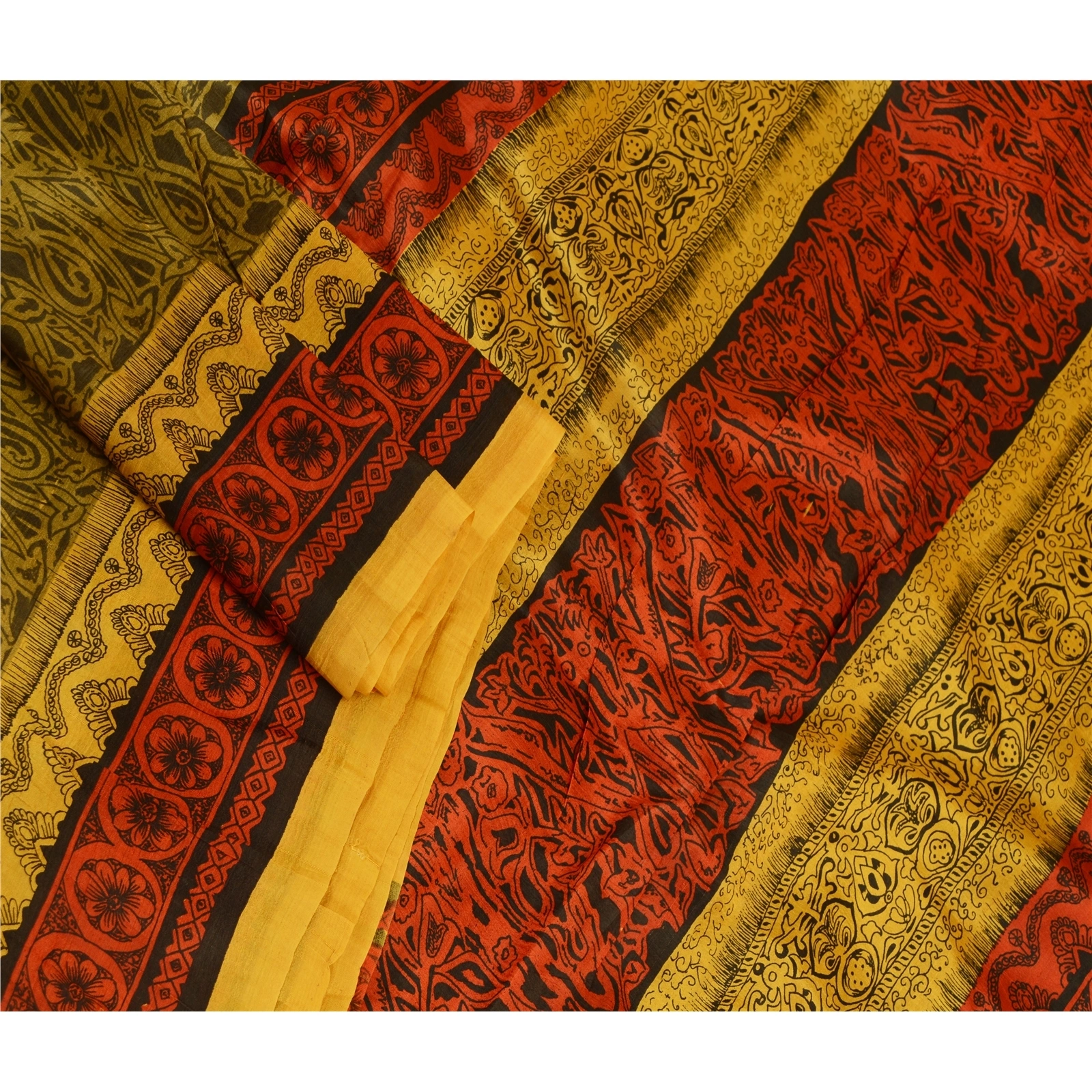 Sanskriti Vintage Mustard Yellow Sarees 100% Pure Silk Printed Sari Craft Fabric, PR-58596-Shade Of Mustard Yellow &amp; Red-100% Pure Silk-1