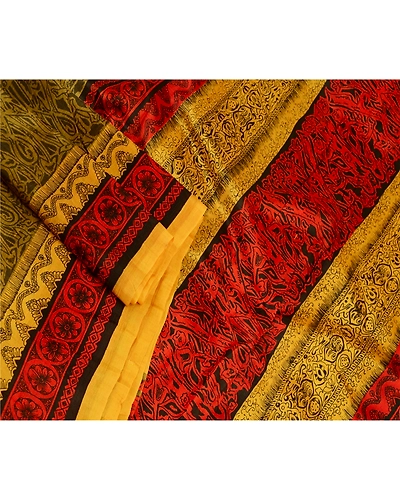 Sanskriti Vintage Mustard Yellow Sarees 100% Pure Silk Printed Sari Craft Fabric, PR-58596-Shade Of Mustard Yellow &amp; Red-100% Pure Silk-1