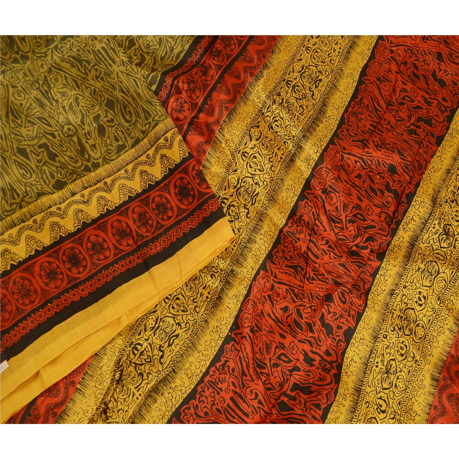 Sanskriti Vintage Mustard Yellow Sarees 100% Pure Silk Printed Sari Craft Fabric, PR-58596-Shade Of Mustard Yellow &amp; Red-100% Pure Silk-2