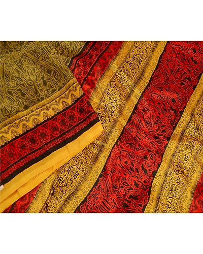 Sanskriti Vintage Mustard Yellow Sarees 100% Pure Silk Printed Sari Craft Fabric, PR-58596-Shade Of Mustard Yellow &amp; Red-100% Pure Silk-2