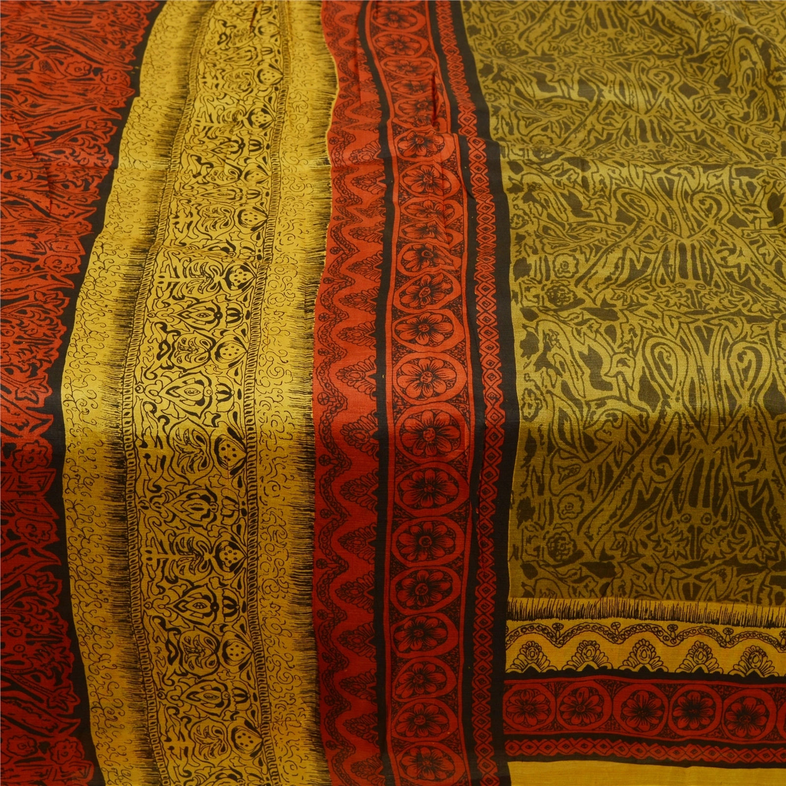 Sanskriti Vintage Mustard Yellow Sarees 100% Pure Silk Printed Sari Craft Fabric, PR-58596-Shade Of Mustard Yellow &amp; Red-100% Pure Silk-3