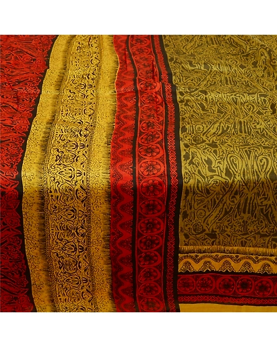 Sanskriti Vintage Mustard Yellow Sarees 100% Pure Silk Printed Sari Craft Fabric, PR-58596-Shade Of Mustard Yellow &amp; Red-100% Pure Silk-3