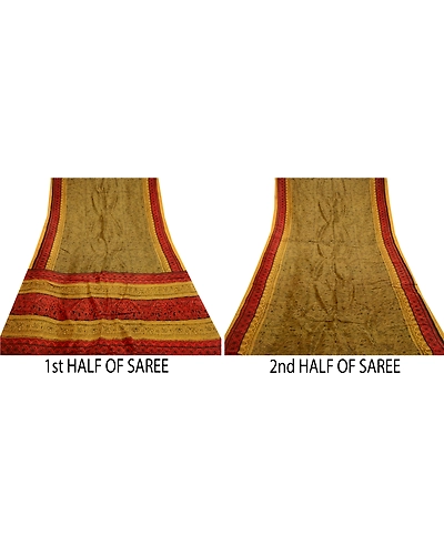 Sanskriti Vintage Mustard Yellow Sarees 100% Pure Silk Printed Sari Craft Fabric, PR-58596-Shade Of Mustard Yellow &amp; Red-100% Pure Silk-4