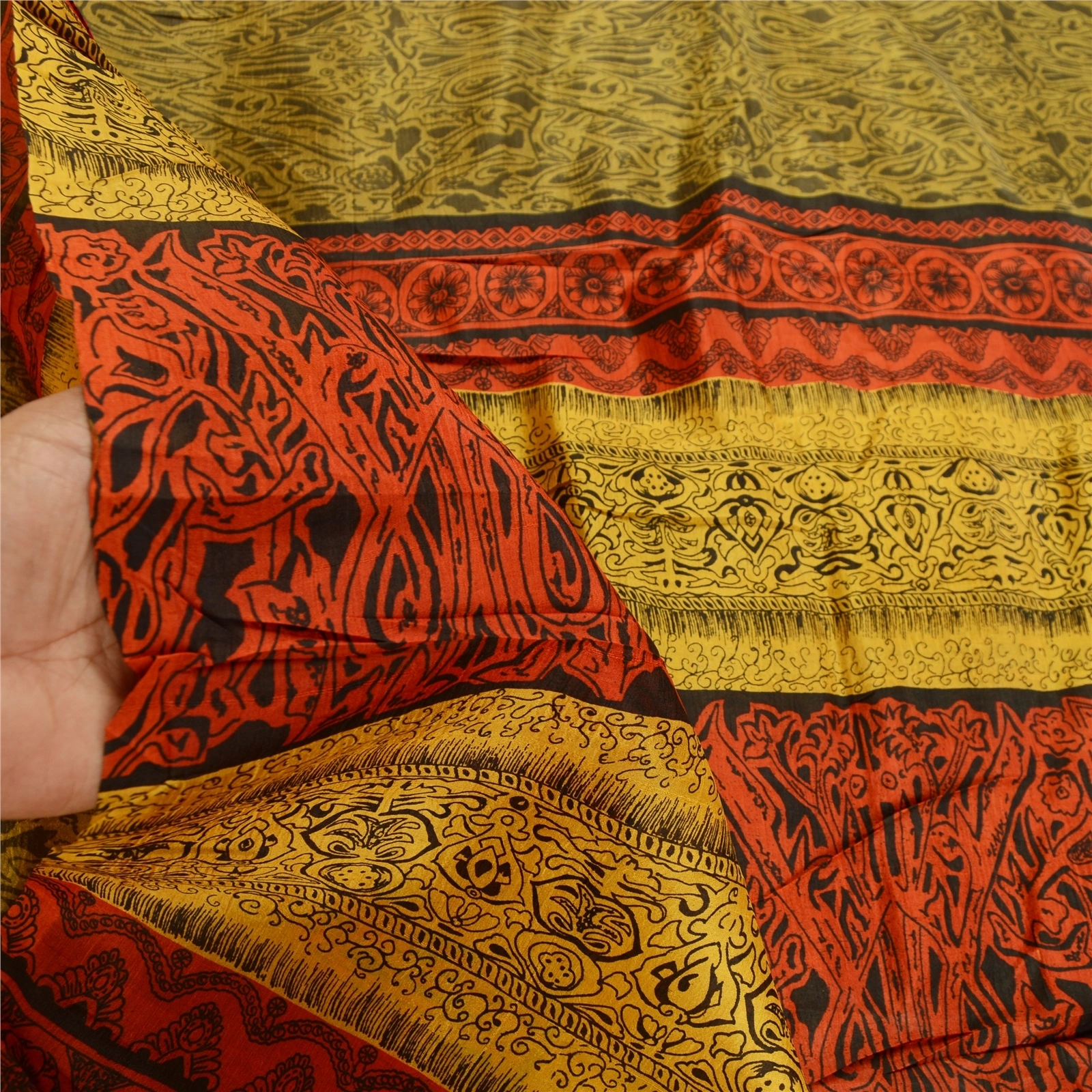 Sanskriti Vintage Mustard Yellow Sarees 100% Pure Silk Printed Sari Craft Fabric, PR-58596-Shade Of Mustard Yellow &amp; Red-100% Pure Silk-5