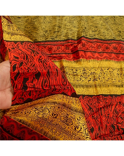 Sanskriti Vintage Mustard Yellow Sarees 100% Pure Silk Printed Sari Craft Fabric, PR-58596-Shade Of Mustard Yellow &amp; Red-100% Pure Silk-5