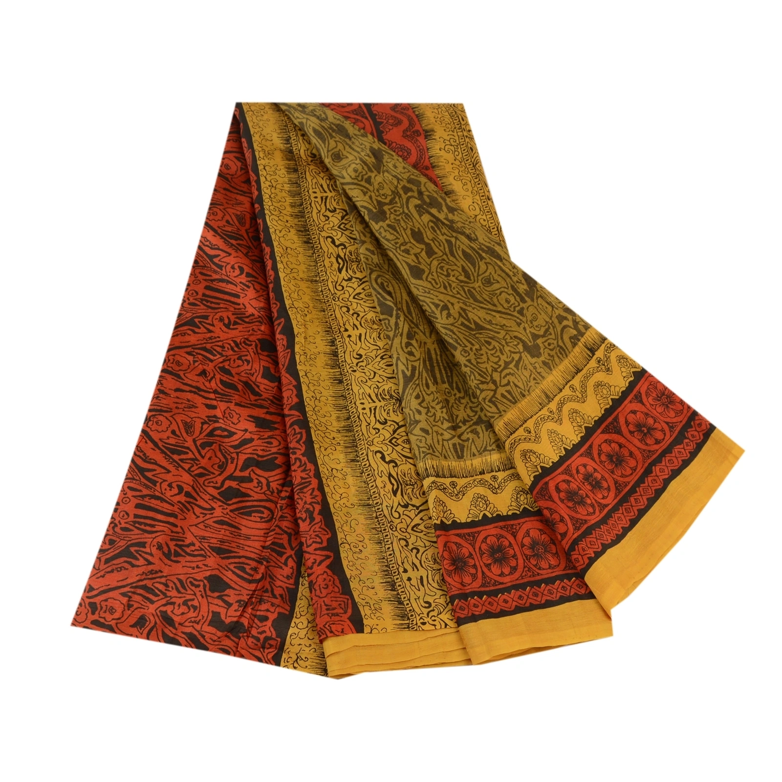 Sanskriti Vintage Mustard Yellow Sarees 100% Pure Silk Printed Sari Craft Fabric, PR-58596-Shade Of Mustard Yellow &amp; Red-100% Pure Silk-6