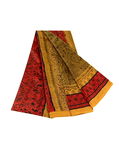 Sanskriti Vintage Mustard Yellow Sarees 100% Pure Silk Printed Sari Craft Fabric, PR-58596-Shade Of Mustard Yellow &amp; Red-100% Pure Silk-6