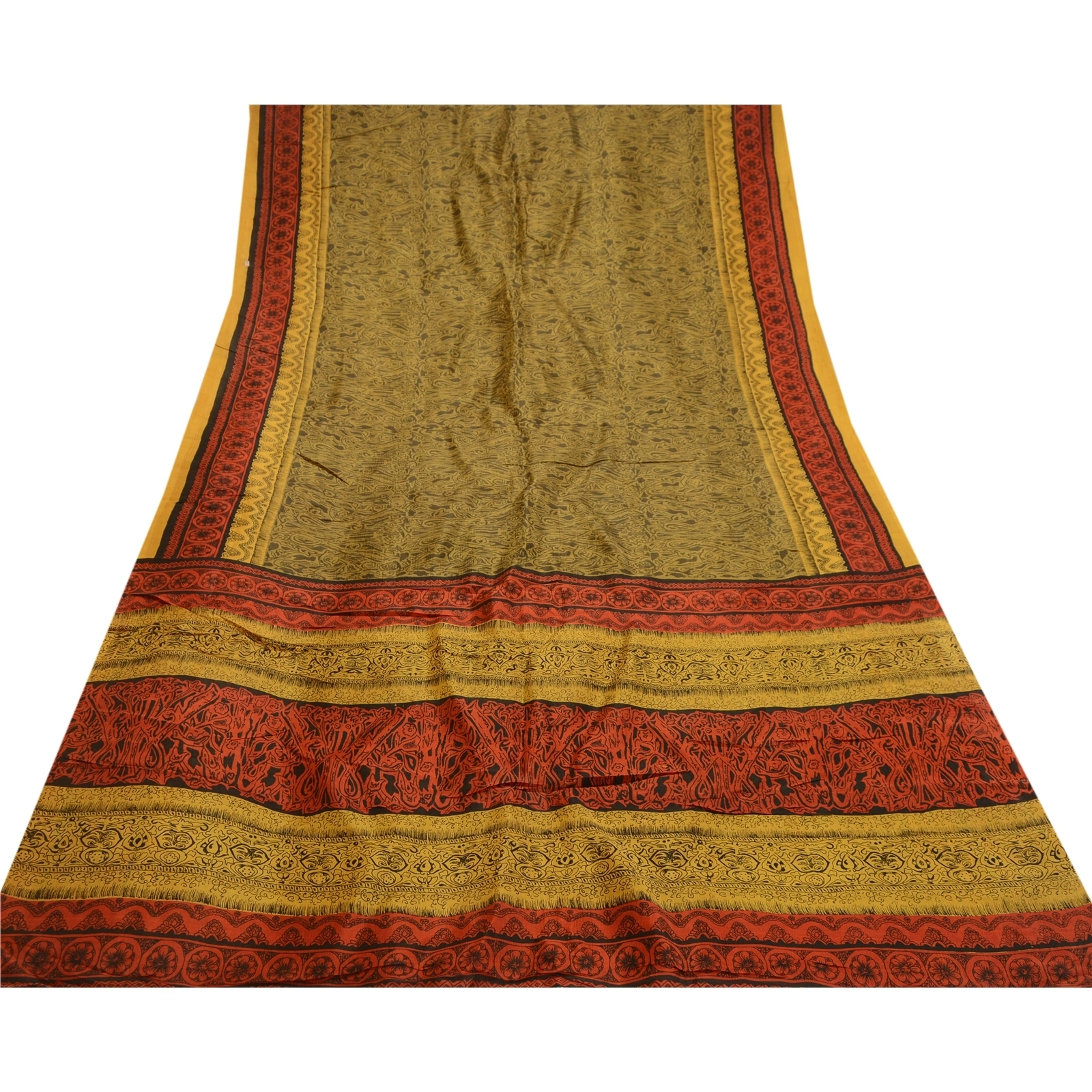 Sanskriti Vintage Mustard Yellow Sarees 100% Pure Silk Printed Sari Craft Fabric, PR-58596-Shade Of Mustard Yellow &amp; Red-100% Pure Silk-7