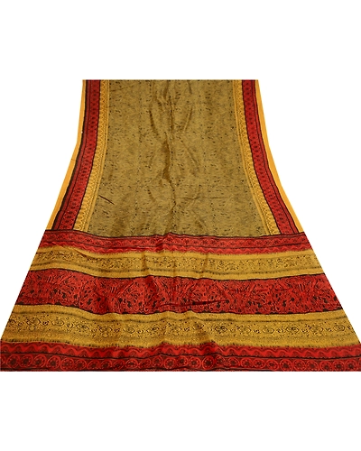 Sanskriti Vintage Mustard Yellow Sarees 100% Pure Silk Printed Sari Craft Fabric, PR-58596-Shade Of Mustard Yellow &amp; Red-100% Pure Silk-7