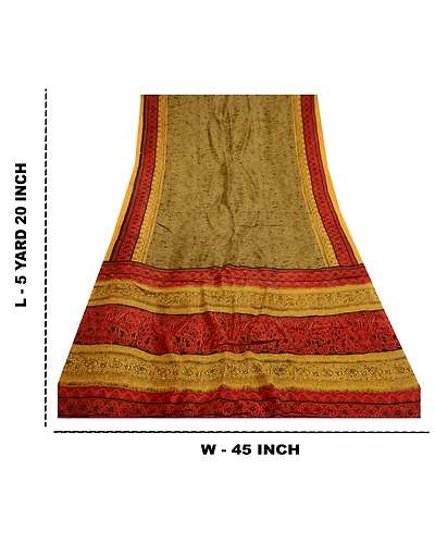 Sanskriti Vintage Mustard Yellow Sarees 100% Pure Silk Printed Sari Craft Fabric, PR-58596-Shade Of Mustard Yellow &amp; Red-100% Pure Silk-8