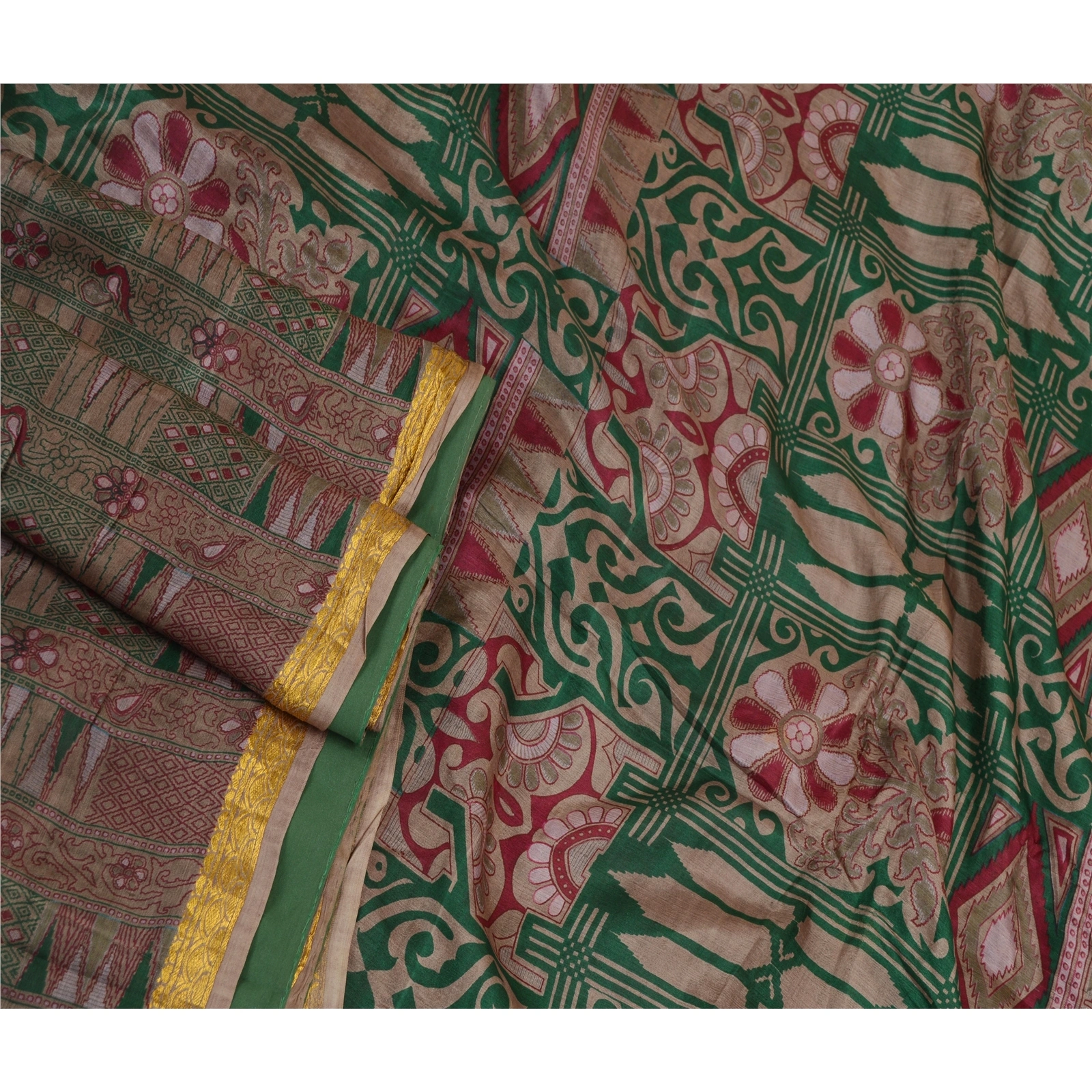 Sanskriti Vintage Green Sarees Pure Silk Printed Zari Border Sari Craft Fabric, PR-58610-Green-Printed Floral Design-Pure Silk-2