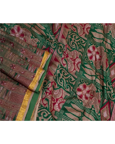 Sanskriti Vintage Green Sarees Pure Silk Printed Zari Border Sari Craft Fabric, PR-58610-Green-Printed Floral Design-Pure Silk-2