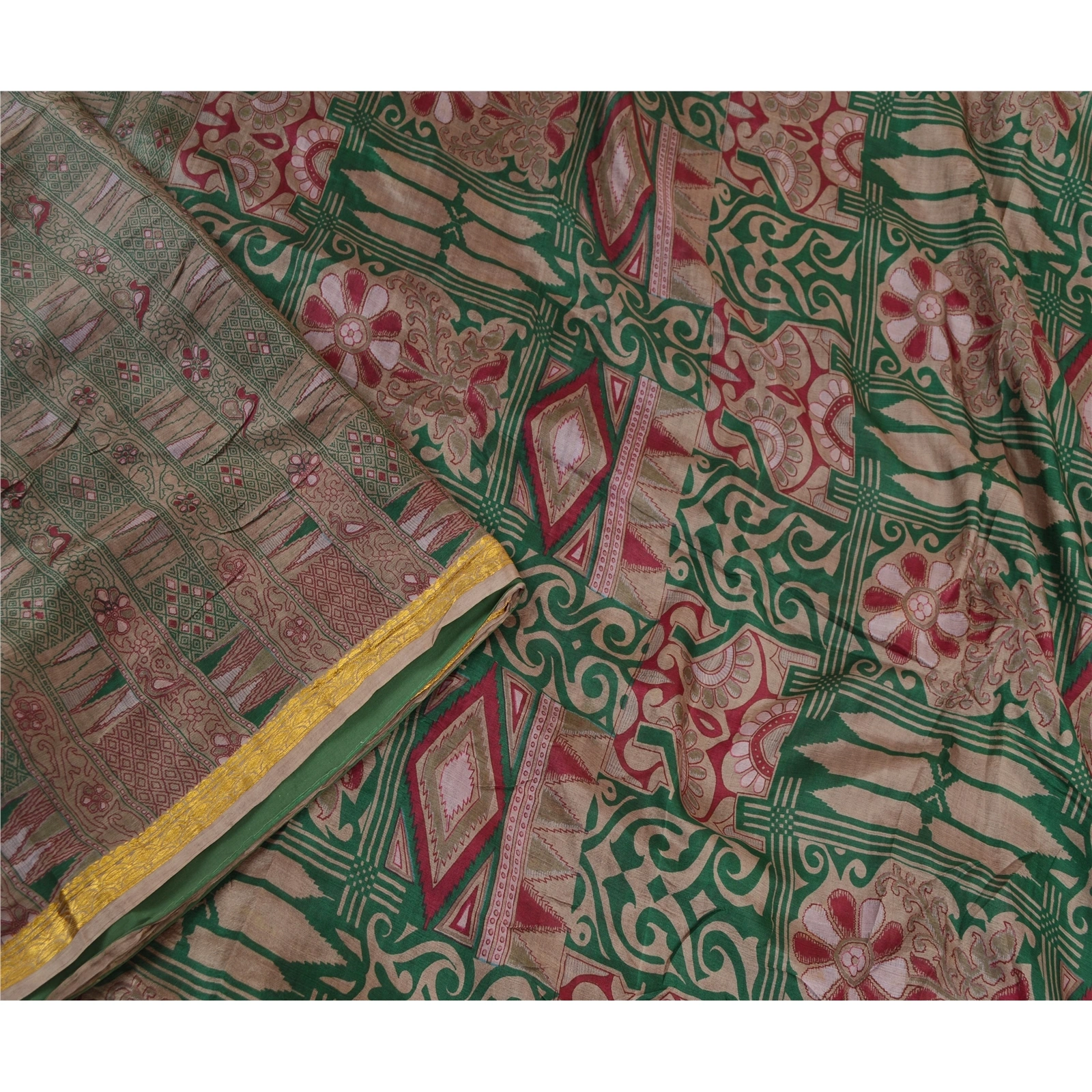 Sanskriti Vintage Green Sarees Pure Silk Printed Zari Border Sari Craft Fabric, PR-58610-Green-Printed Floral Design-Pure Silk-3