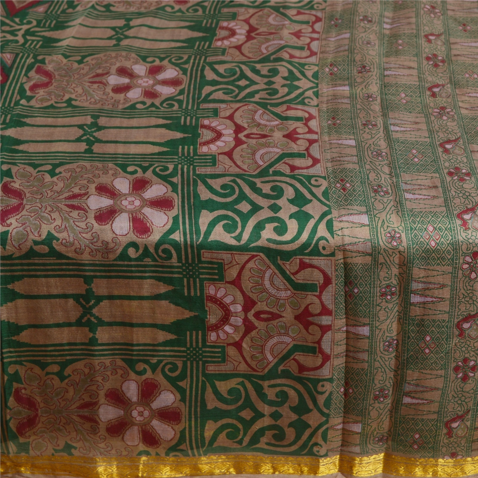 Sanskriti Vintage Green Sarees Pure Silk Printed Zari Border Sari Craft Fabric, PR-58610-Green-Printed Floral Design-Pure Silk-4