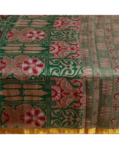 Sanskriti Vintage Green Sarees Pure Silk Printed Zari Border Sari Craft Fabric, PR-58610-Green-Printed Floral Design-Pure Silk-4