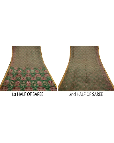 Sanskriti Vintage Green Sarees Pure Silk Printed Zari Border Sari Craft Fabric, PR-58610-Green-Printed Floral Design-Pure Silk-5