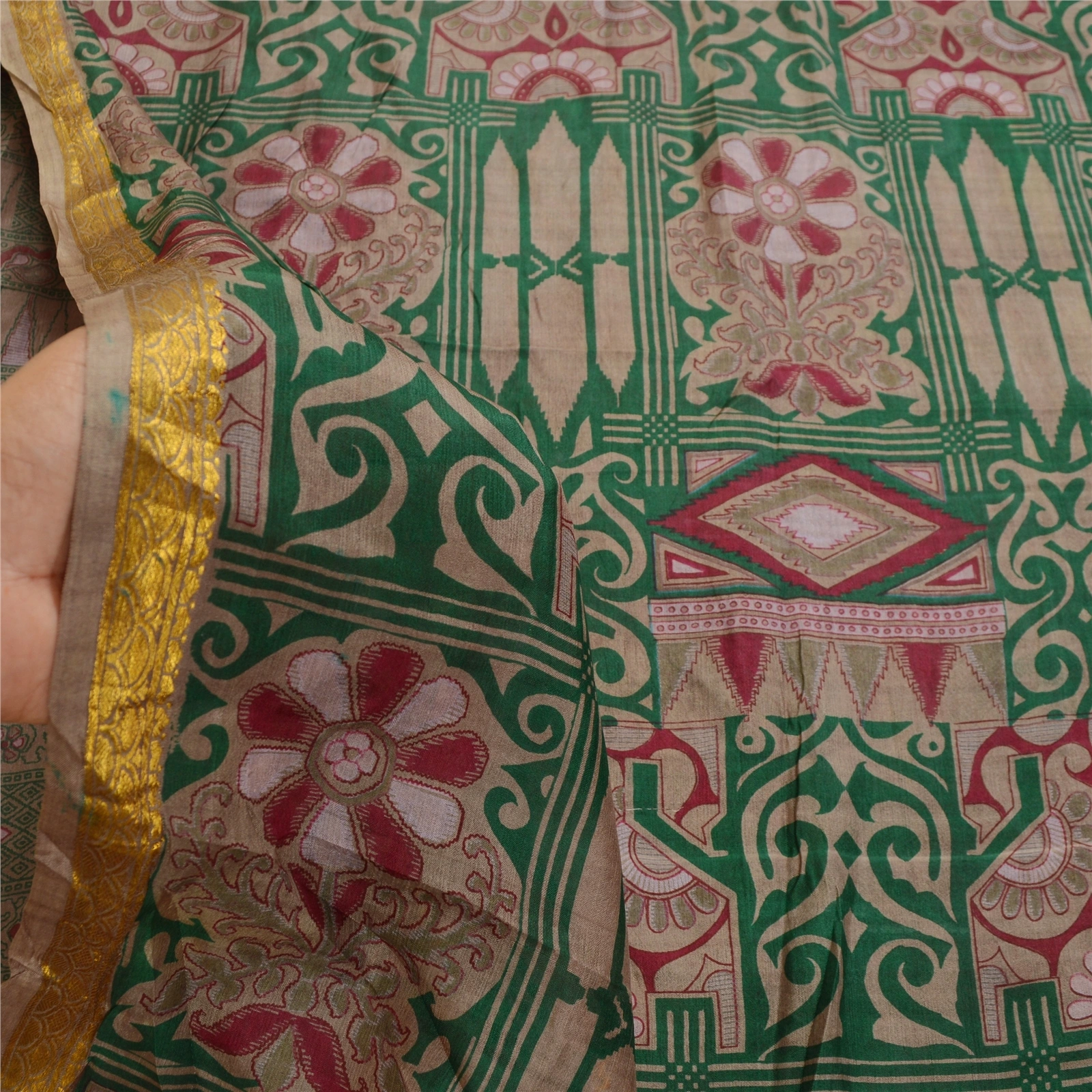 Sanskriti Vintage Green Sarees Pure Silk Printed Zari Border Sari Craft Fabric, PR-58610-Green-Printed Floral Design-Pure Silk-6