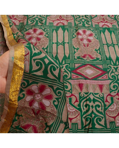 Sanskriti Vintage Green Sarees Pure Silk Printed Zari Border Sari Craft Fabric, PR-58610-Green-Printed Floral Design-Pure Silk-6