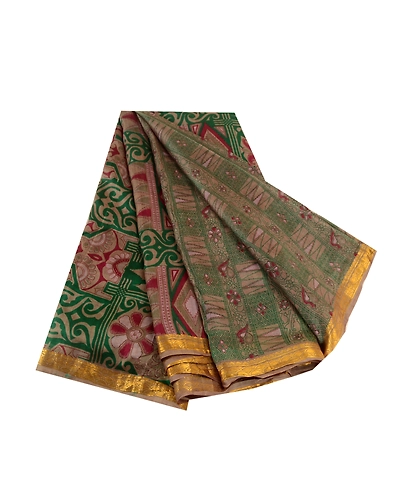 Sanskriti Vintage Green Sarees Pure Silk Printed Zari Border Sari Craft Fabric, PR-58610-Green-Printed Floral Design-Pure Silk-7