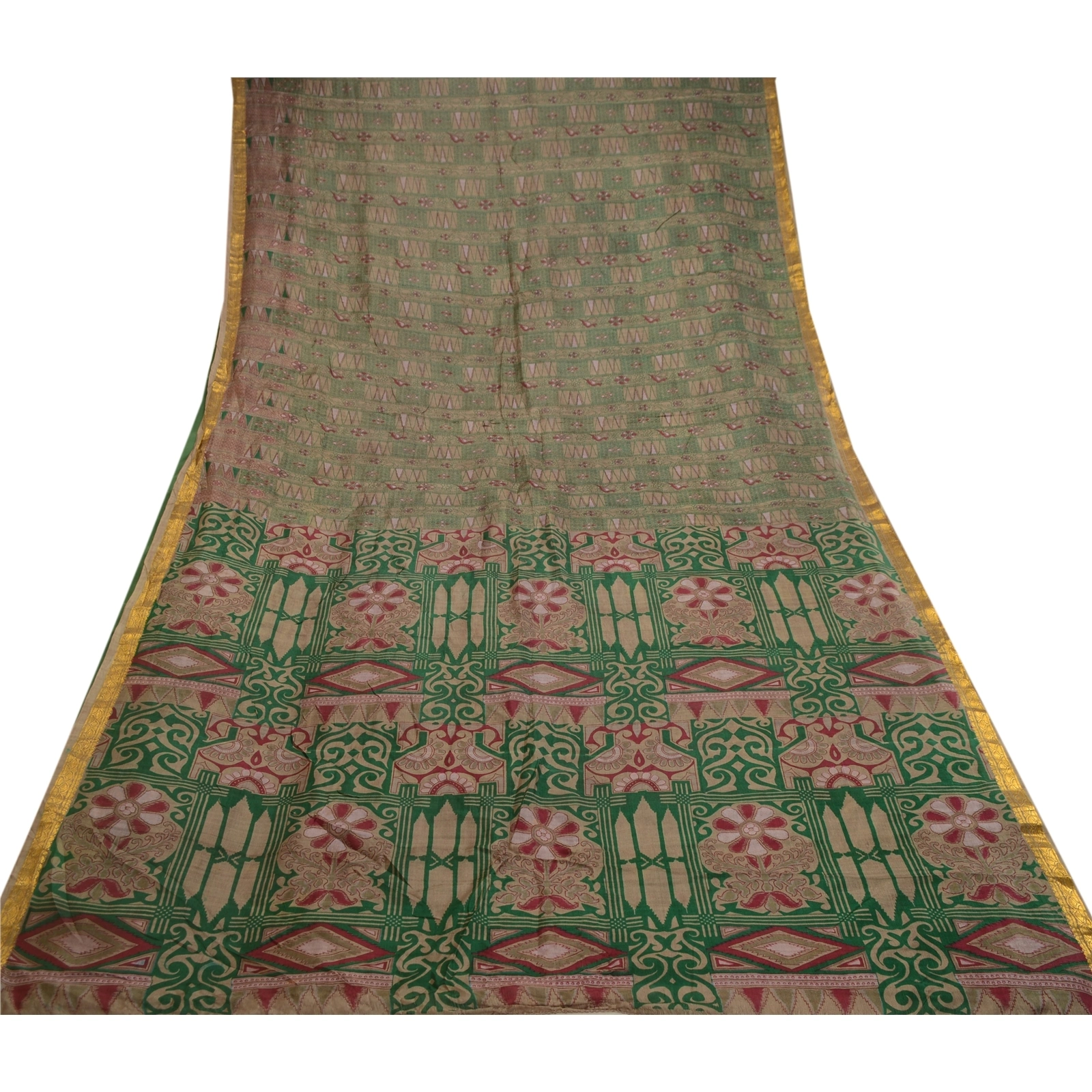 Sanskriti Vintage Green Sarees Pure Silk Printed Zari Border Sari Craft Fabric, PR-58610-Green-Printed Floral Design-Pure Silk-8