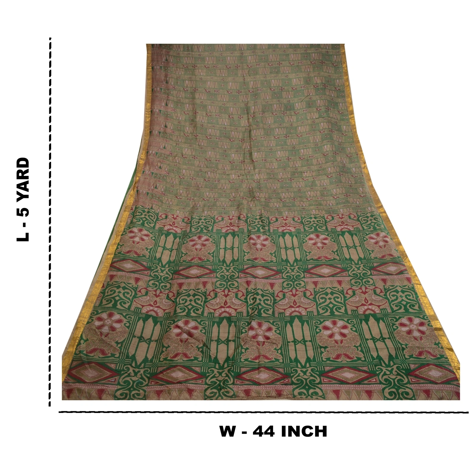 Sanskriti Vintage Green Sarees Pure Silk Printed Zari Border Sari Craft Fabric, PR-58610-Green-Printed Floral Design-Pure Silk-9