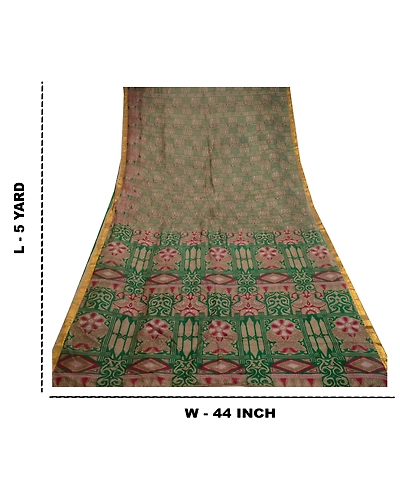 Sanskriti Vintage Green Sarees Pure Silk Printed Zari Border Sari Craft Fabric, PR-58610-Green-Printed Floral Design-Pure Silk-9