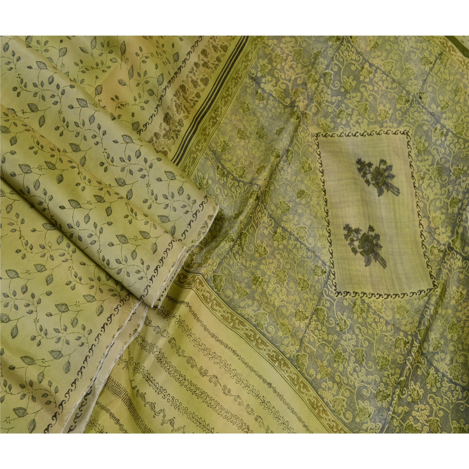 Sanskriti Vintage Olive Green Sarees Indian Pure Silk Printed Sari Craft Fabric, PR-58625-Olive-Printed Floral Design-Pure Silk-2